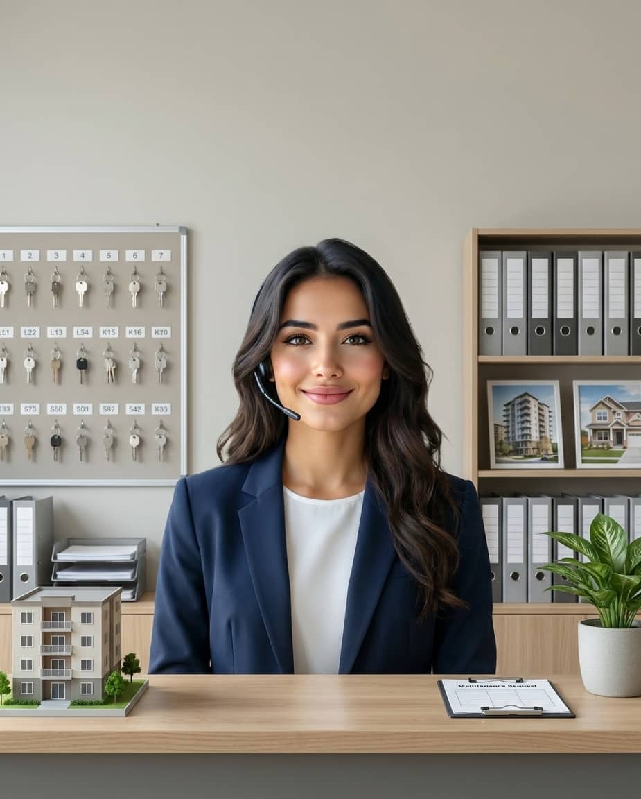 Maria at the property management desk, headset on, with the unit key board and building binders behind her